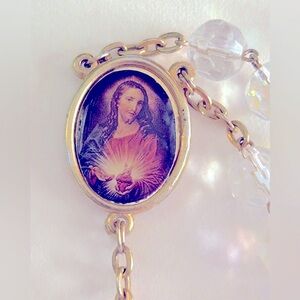 Vintage Rosary Aurora Borealis crystals, crucifix, Mary & Jesus 26”, 8” drop